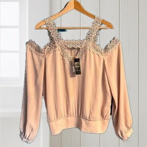 Bebe - Open Shoulders Lace Trim Pink Blouse